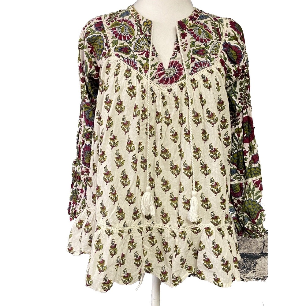 Rachel Zoe‎ Womens XS White Floral Boho Peasant Blouse Long Sleeve